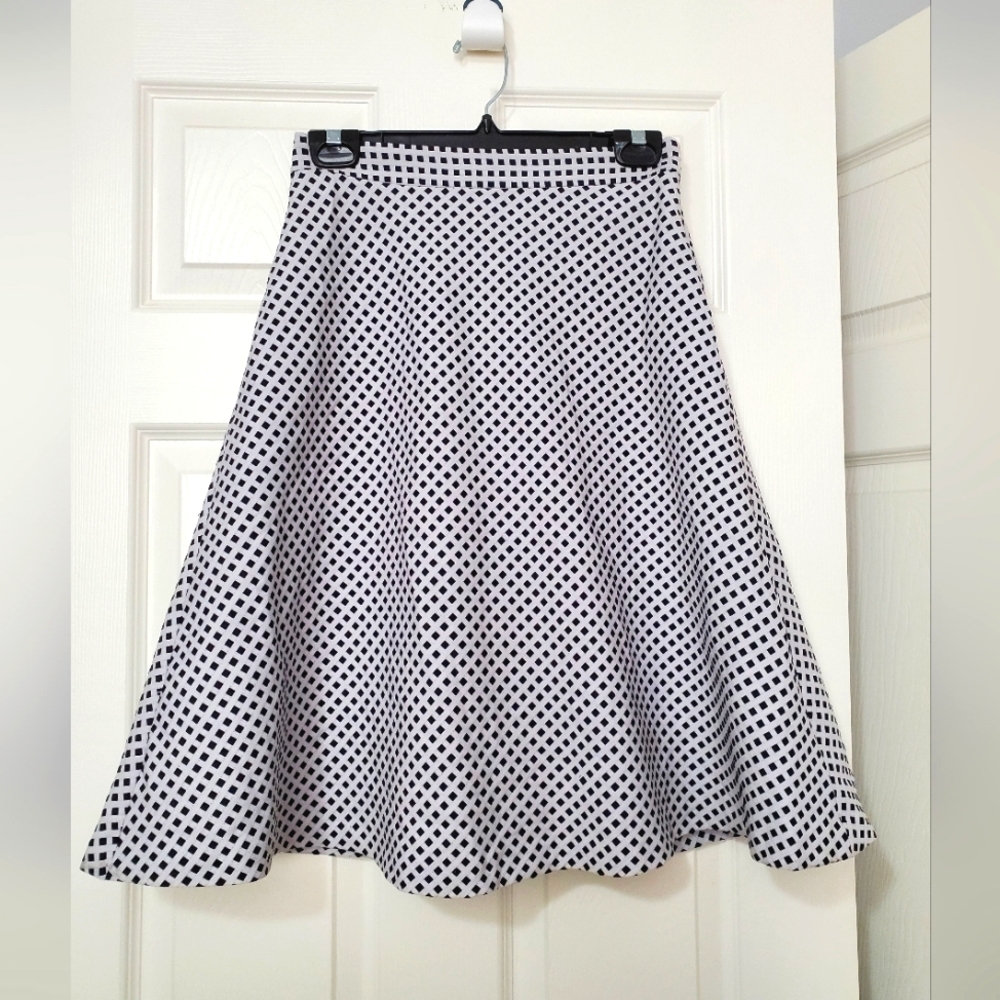 RW&CO dark navy white lattice gingham check print flared full skirt 2 fits XS